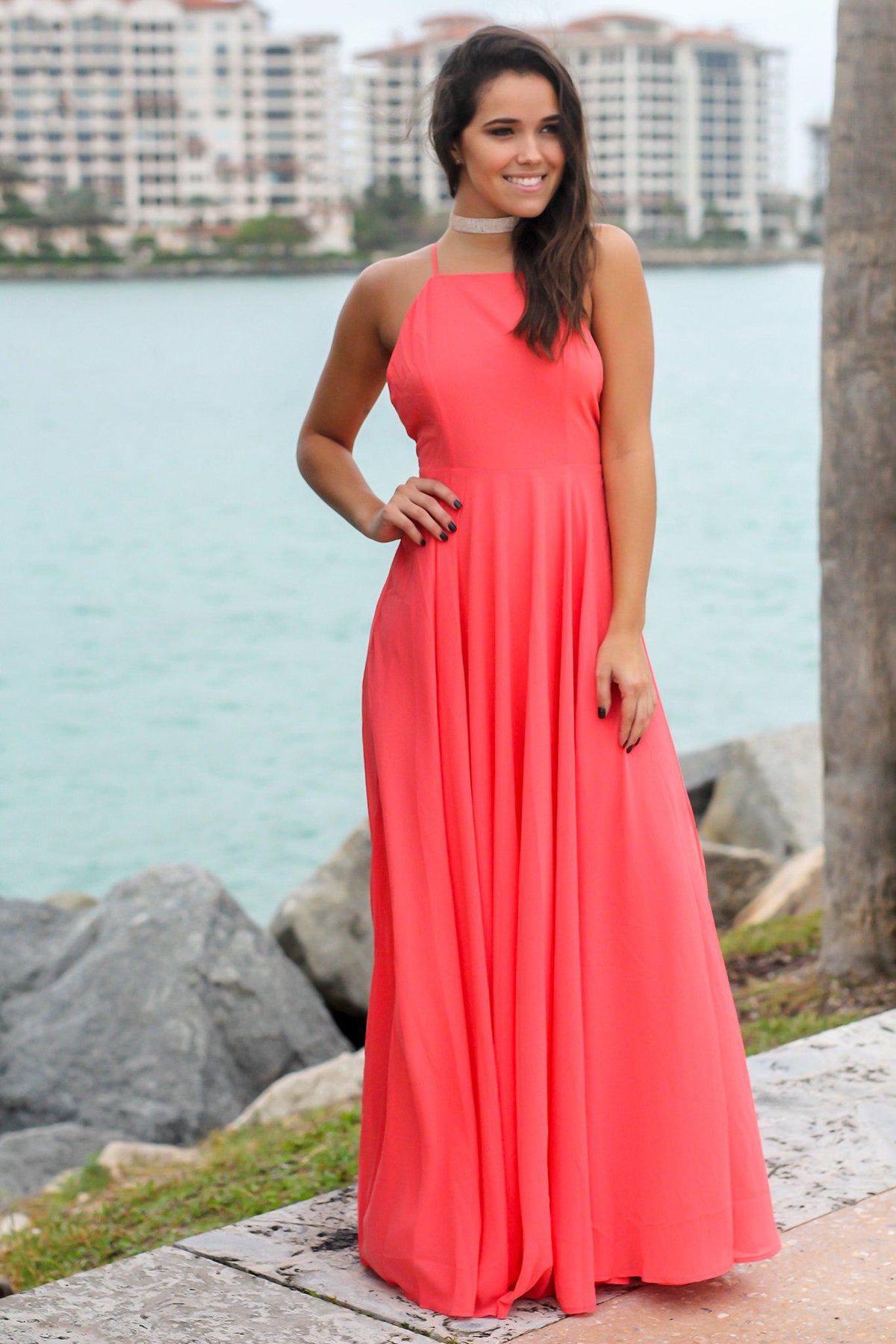 Coral Dress with Criss Cross Back | Maxi Dresses – Saved by the Dress