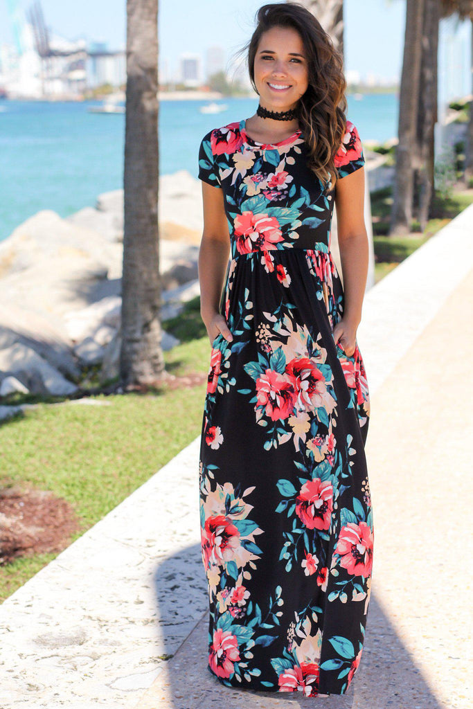 Black Floral Short Sleeve Maxi Dress with Pockets | Maxi Dresses ...