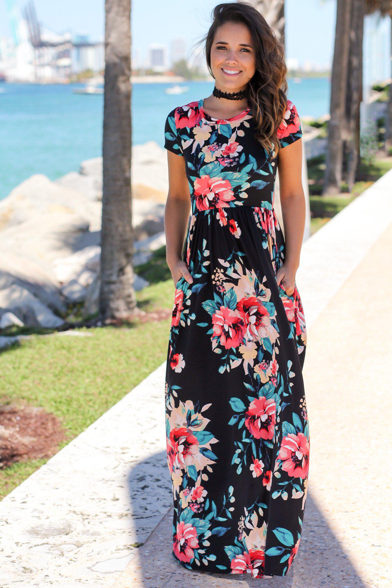 Black Floral Short Sleeve Maxi Dress with Pockets Maxi Dresses