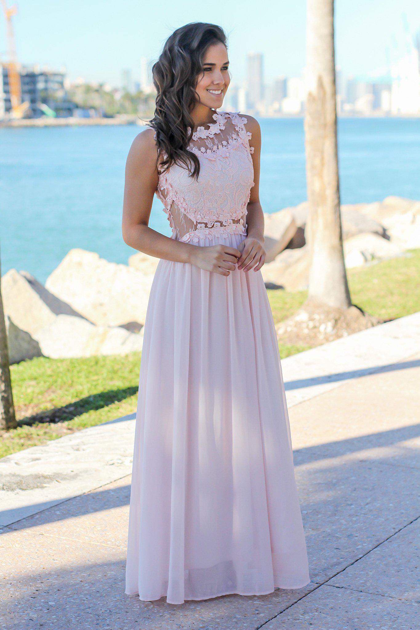Blush Lace Top Maxi Dress with Tulle Back | Formal Dresses – Saved by ...