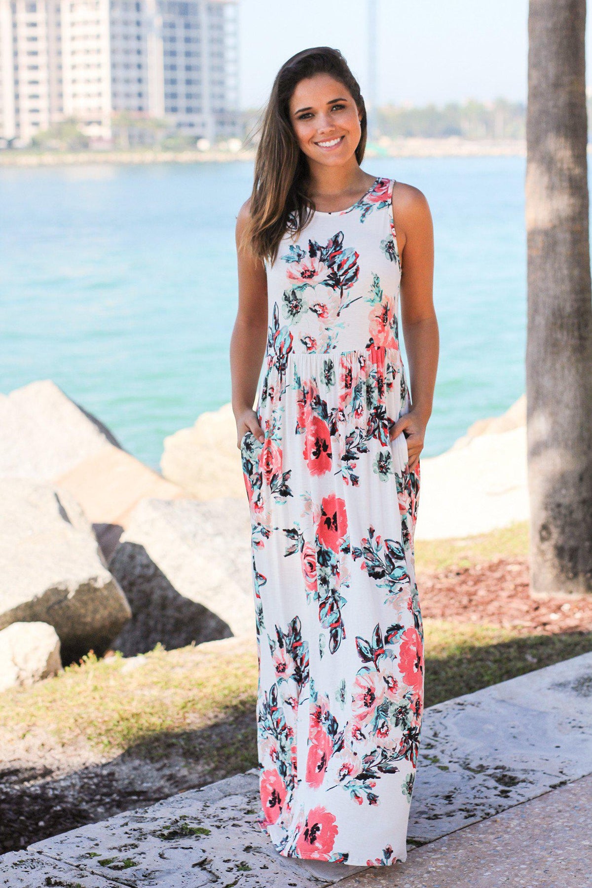 Off White Floral Maxi Dress with Pockets | Maxi Dresses – Saved by the ...