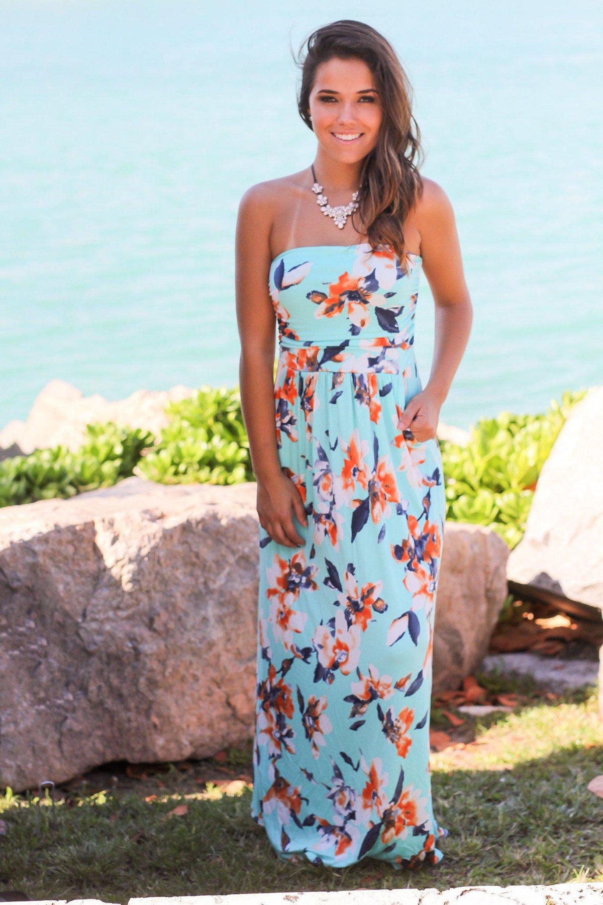 Mint and Orange Floral Strapless Maxi Dress with Pockets | Maxi Dresses ...