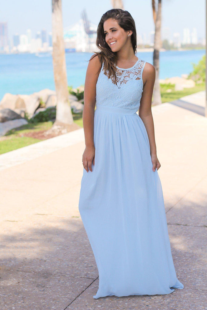 Light Blue Crochet Maxi Dress with Open Back | Bridesmaid Dresses ...