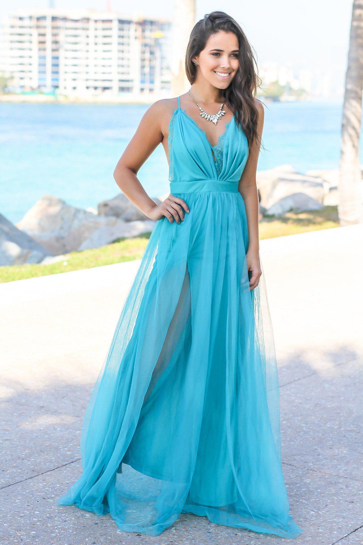 Turquoise Tulle Maxi Dress with Lace Detail | Maxi Dresses – Saved by ...