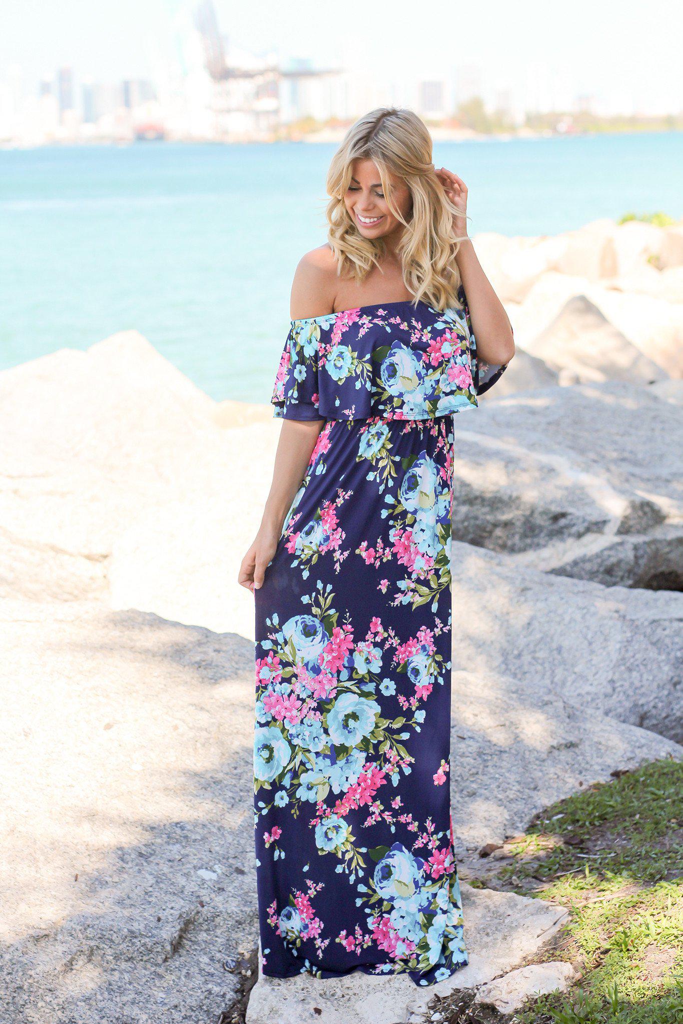 Navy Floral Off Shoulder Maxi Dress | Cute Dresses – Saved by the Dress