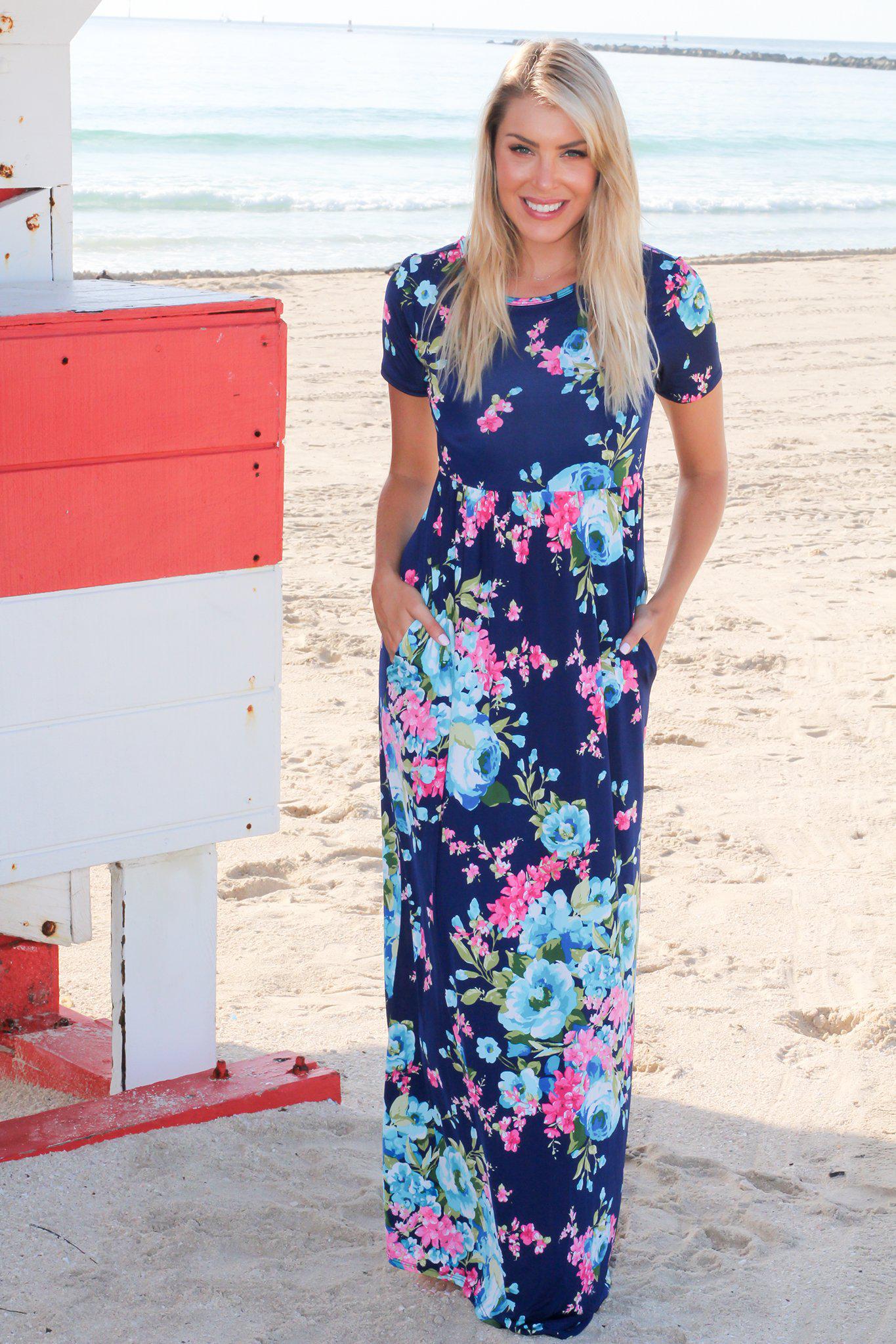 Navy Floral Maxi Dress with Short Sleeves and Criss Cross Back | Maxi ...