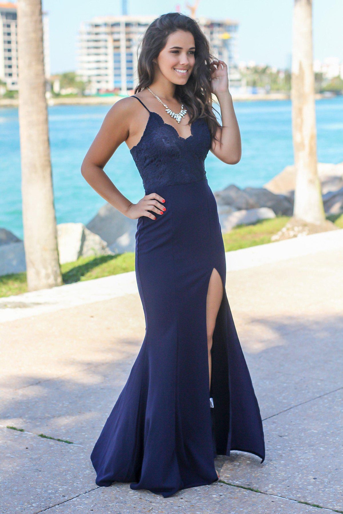 Navy Sleeveless Crochet Top Maxi Dress with Side Slit | Maxi Dresses ...