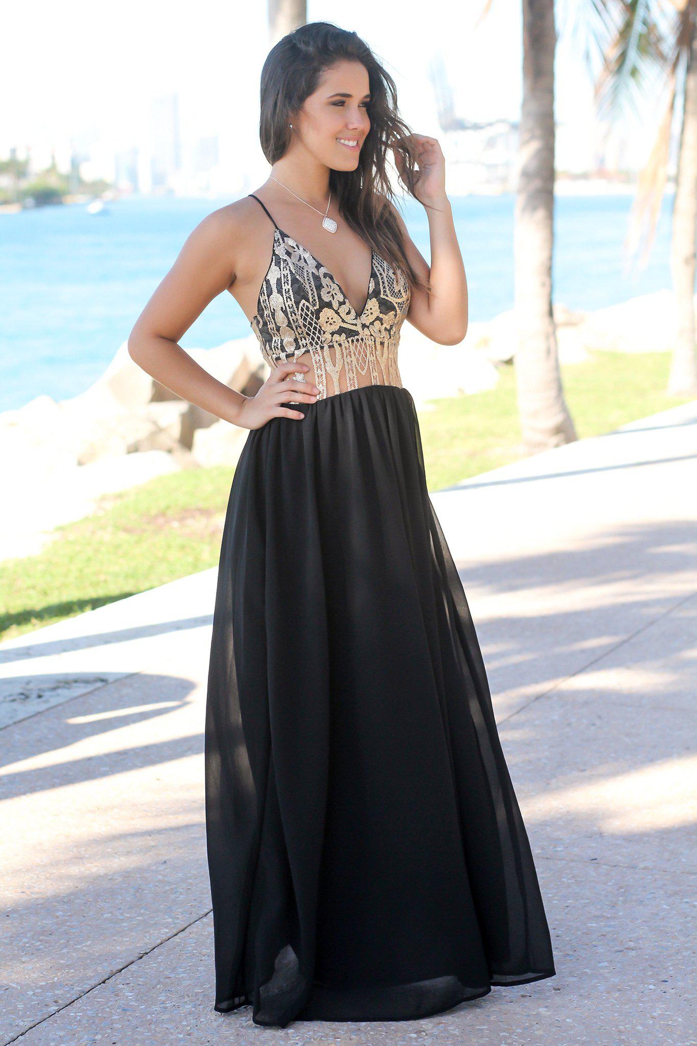 Black and Gold Maxi Dress with Criss Cross Back | Maxi Dresses – Saved ...