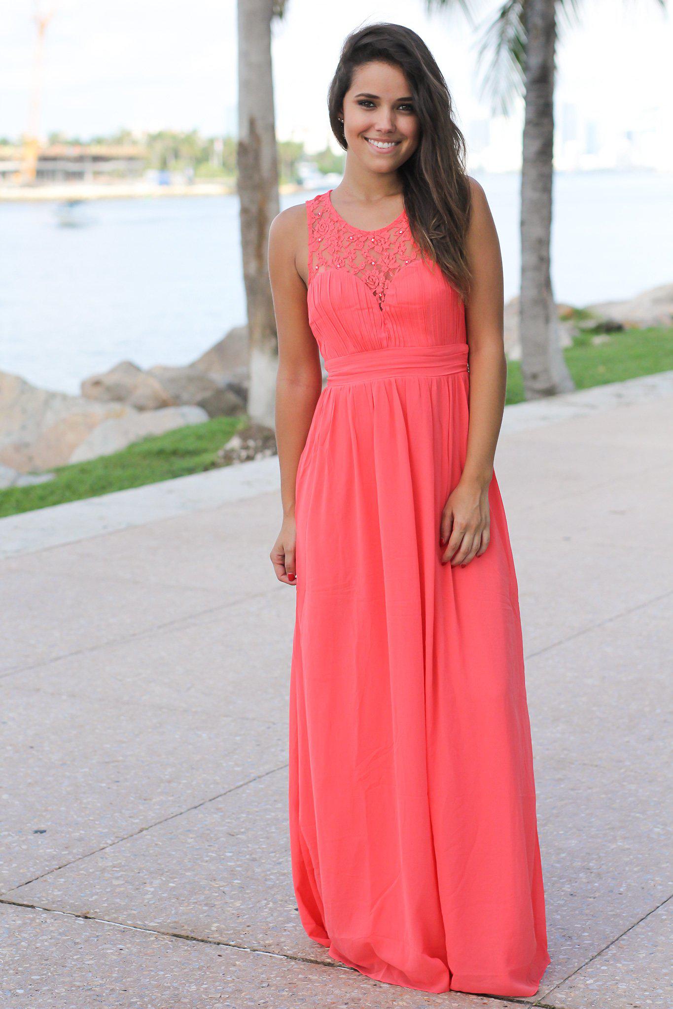 Coral Maxi Dress With Pleated Lace Top Beautiful Dresses Saved By The Dress 7198