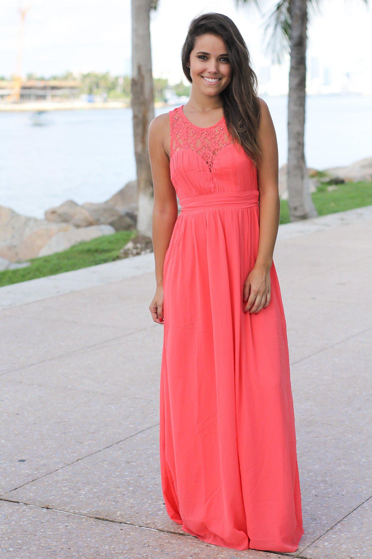 Coral Maxi Dress with Pleated Lace Top | Beautiful Dresses – Saved by ...