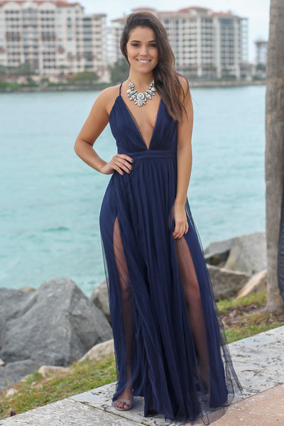 Navy Tulle Maxi Dress with Criss Cross Back | Maxi Dresses – Saved by ...