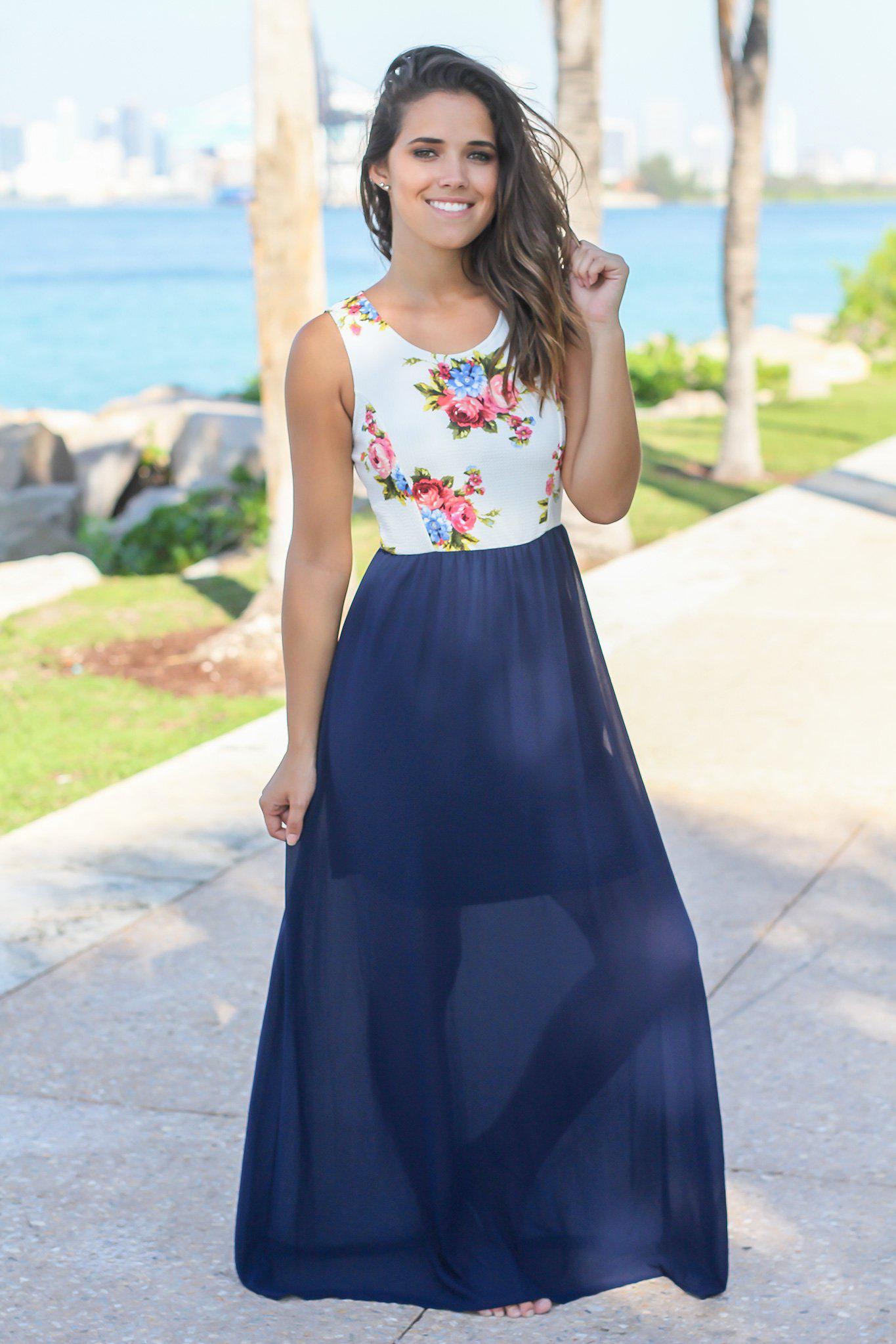 Navy Maxi Dress with White Floral Top | Maxi Dresses – Saved by the Dress