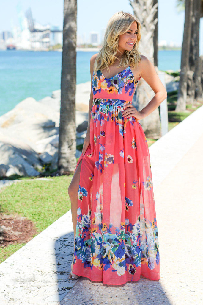 Coral Floral Maxi Dress With Side Slit Maxi Dresses Saved By The Dress 0649