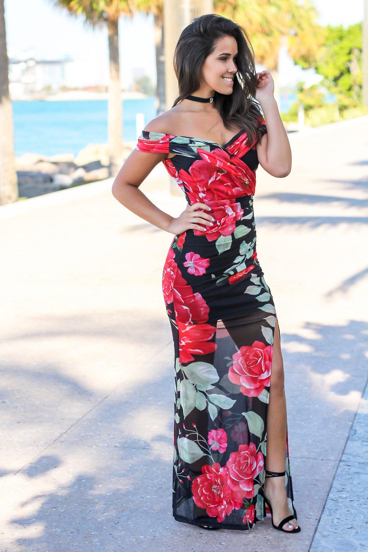 Black and Red Floral Off Shoulder Maxi Dress with Open Back | Maxi ...