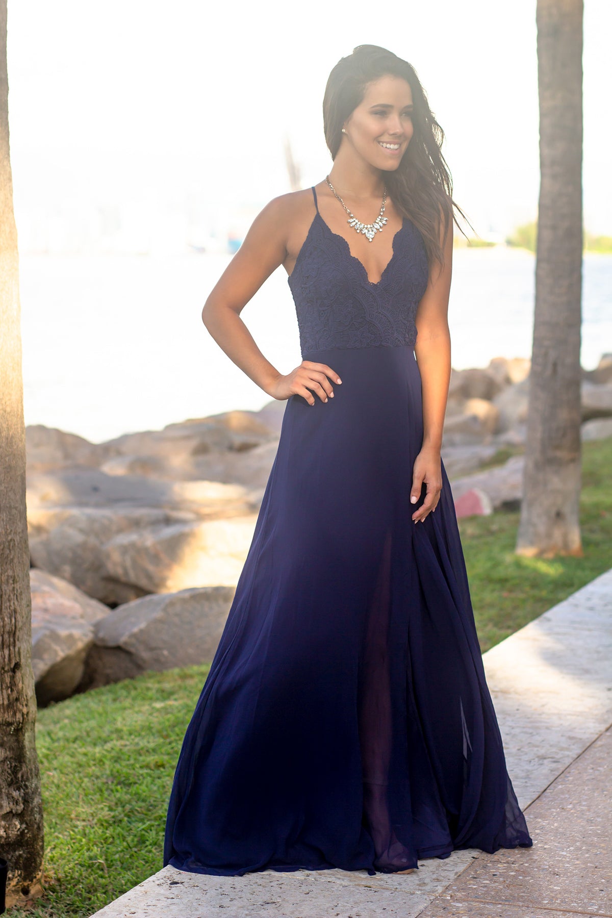 Navy Crochet Top Maxi Dress with Criss Cross Back | Maxi Dresses ...