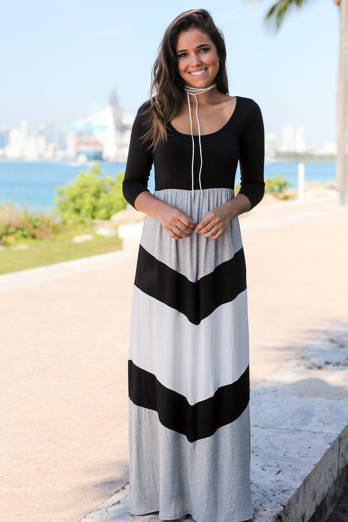 Black and Gray Chevron Maxi Dress with 3/4 Sleeves | Maxi Dresses ...
