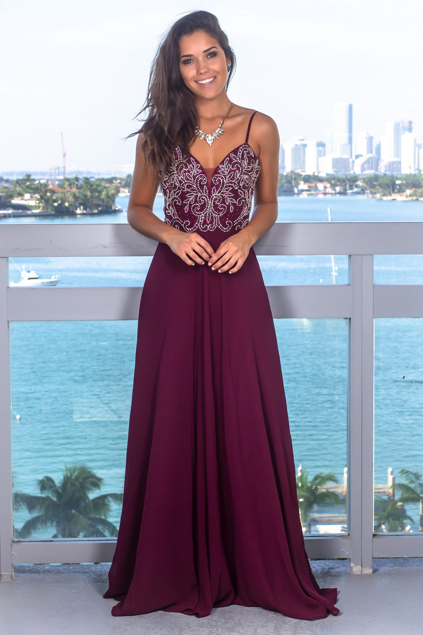Wine Sleeveless Jeweled Top Maxi Dress with Mesh Back | Formal Dresses ...