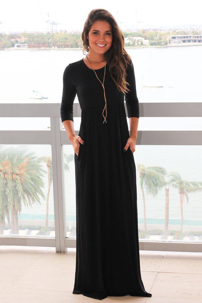 Black Maxi Dress with 3/4 Sleeves and Pockets | Maxi Dresses – Saved by ...