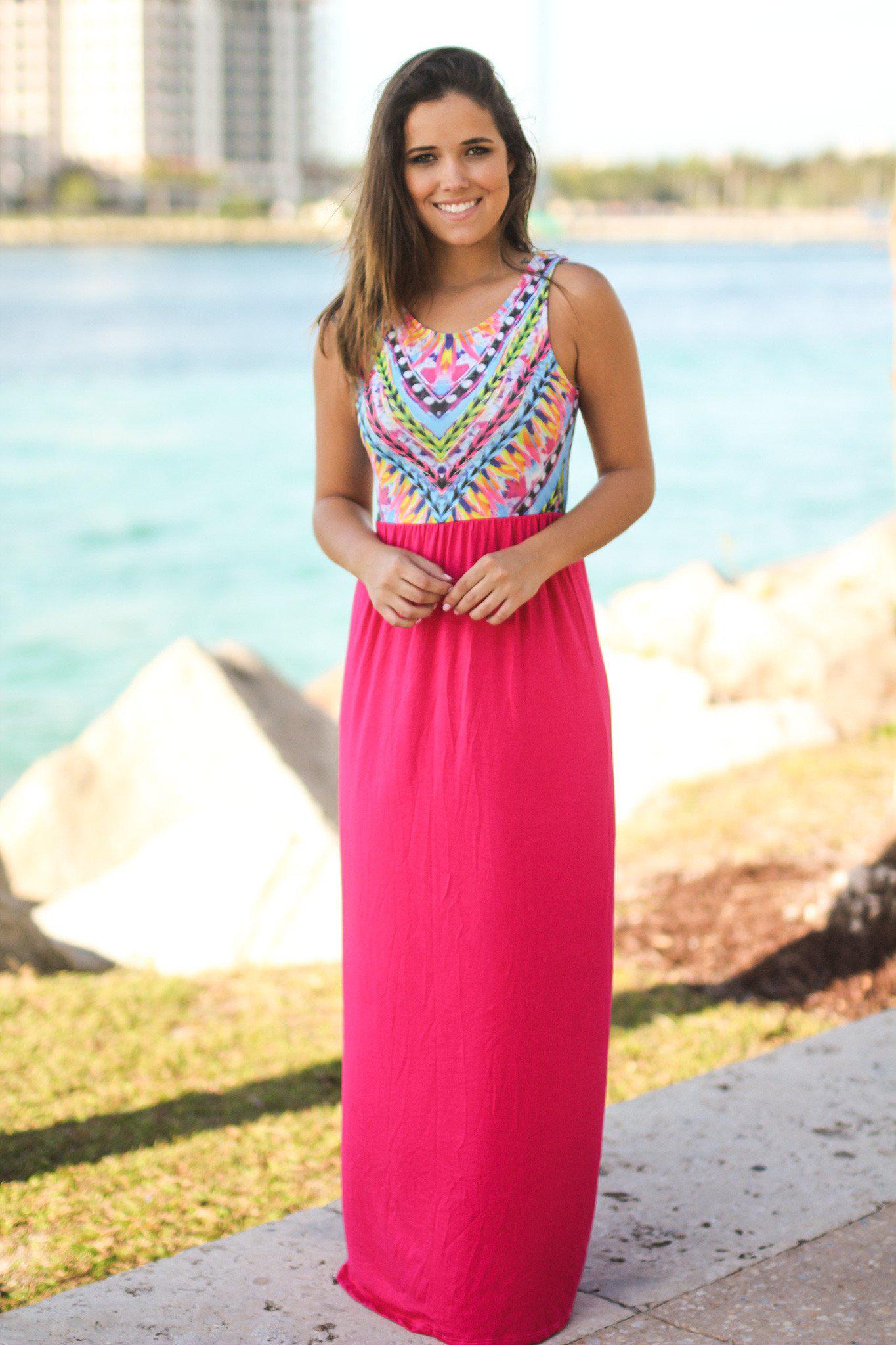 Hot Pink Maxi Dress With Printed Top Maxi Dresses Saved By The Dress 