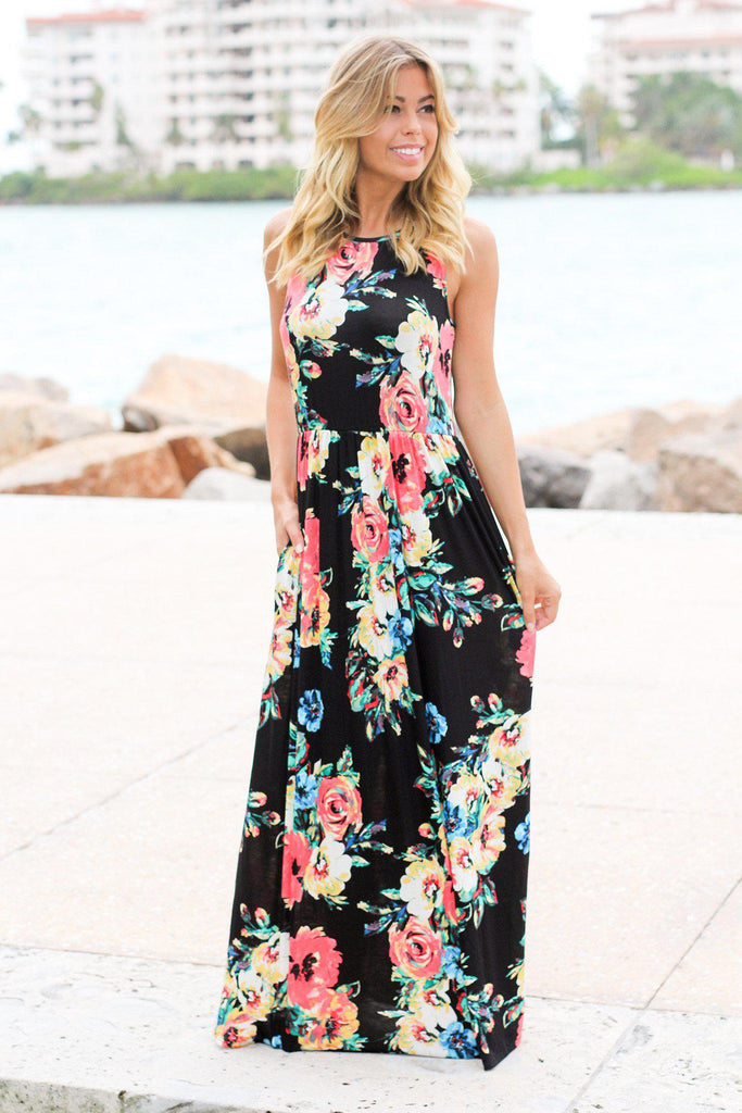 Black Floral Sleeveless Maxi Dress | Cute Dresses – Saved by the Dress