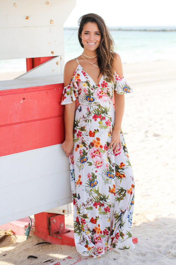 White Floral Wrap Maxi Dress with Ruffled Sleeves | Maxi Dresses ...