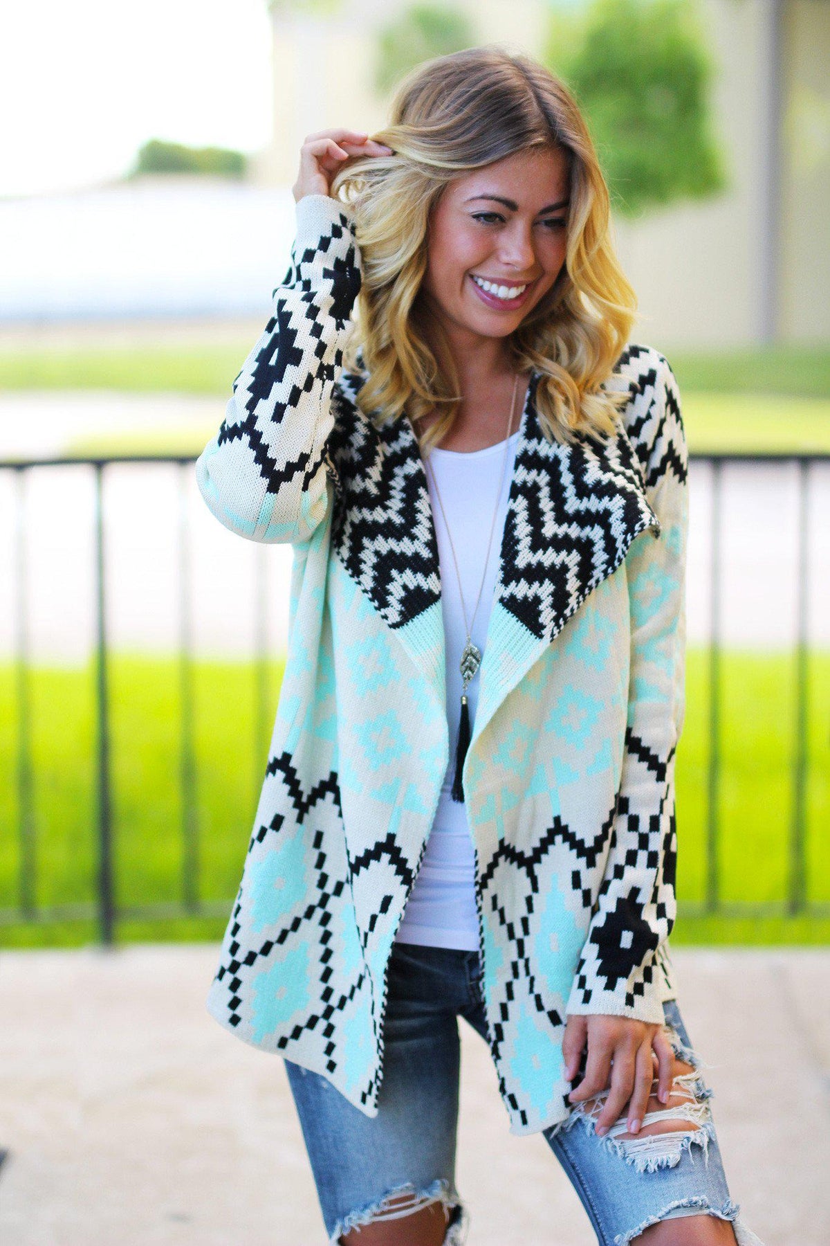 Mint And Black Printed Cardigan | Knitted Cardigan – Saved by the Dress