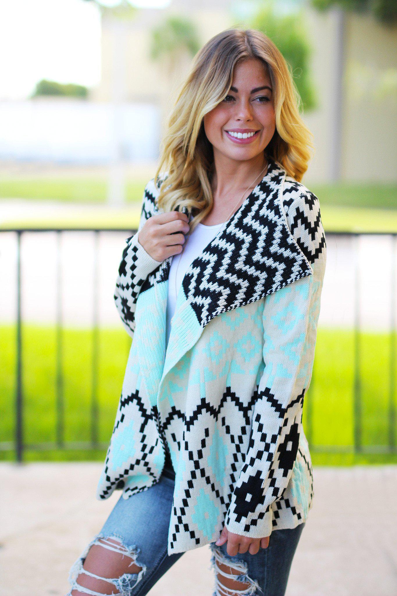 Mint And Black Printed Cardigan | Knitted Cardigan – Saved by the Dress