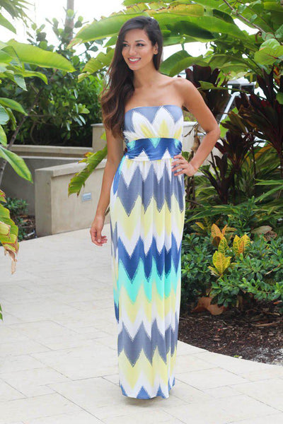 Mint And Yellow Chevron Maxi Dress | Strapless Dress – Saved by the Dress
