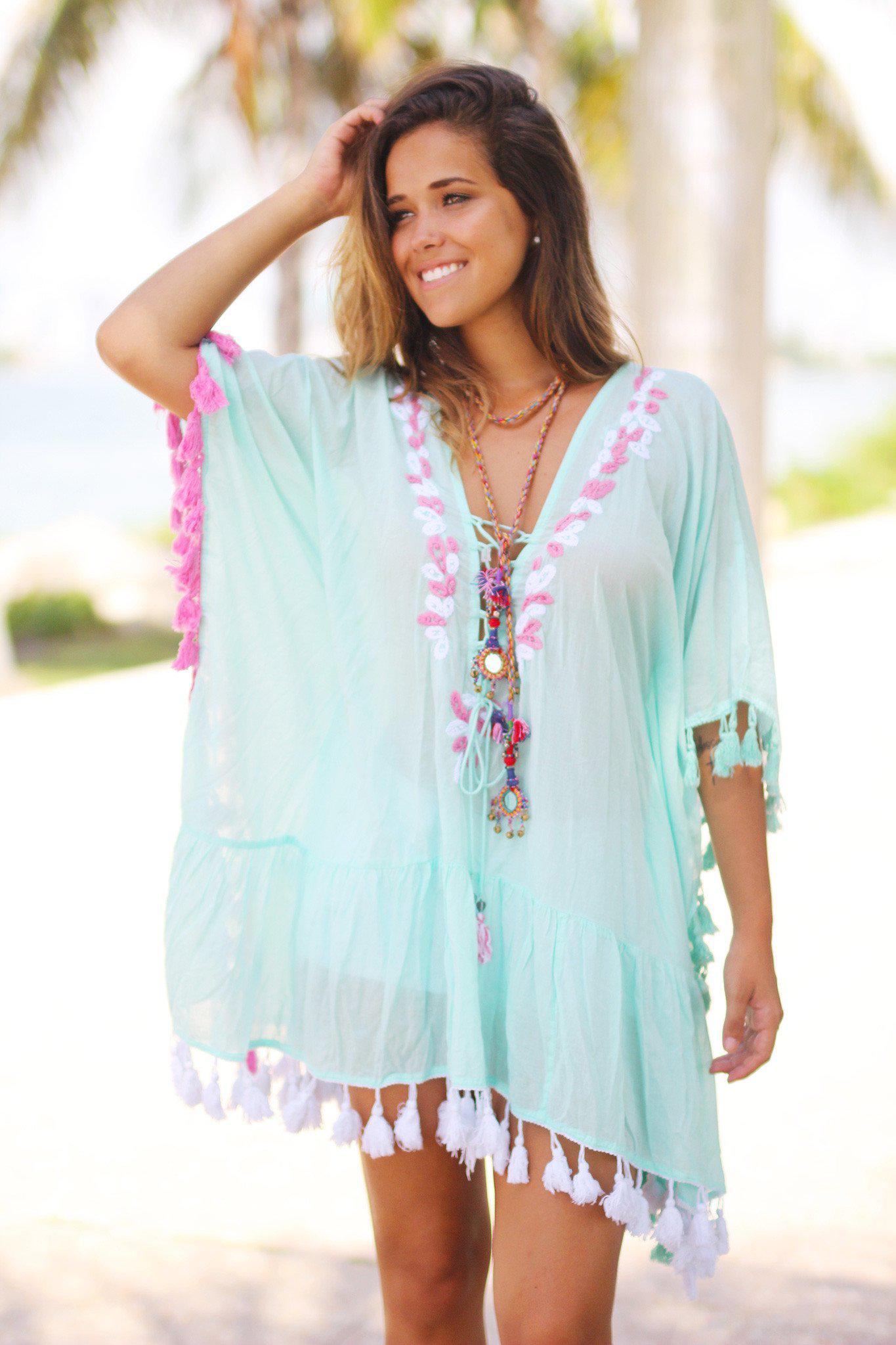 Mint Cover Up with Tassels | Beach Cover Up | Beach Short Dress – Saved ...