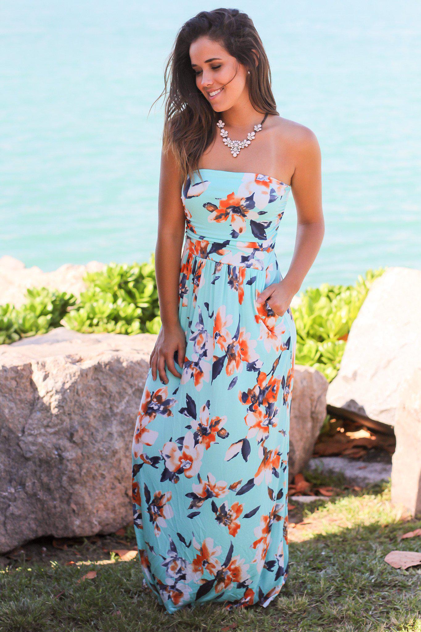 Mint and Orange Floral Strapless Maxi Dress with Pockets | Maxi Dresses ...