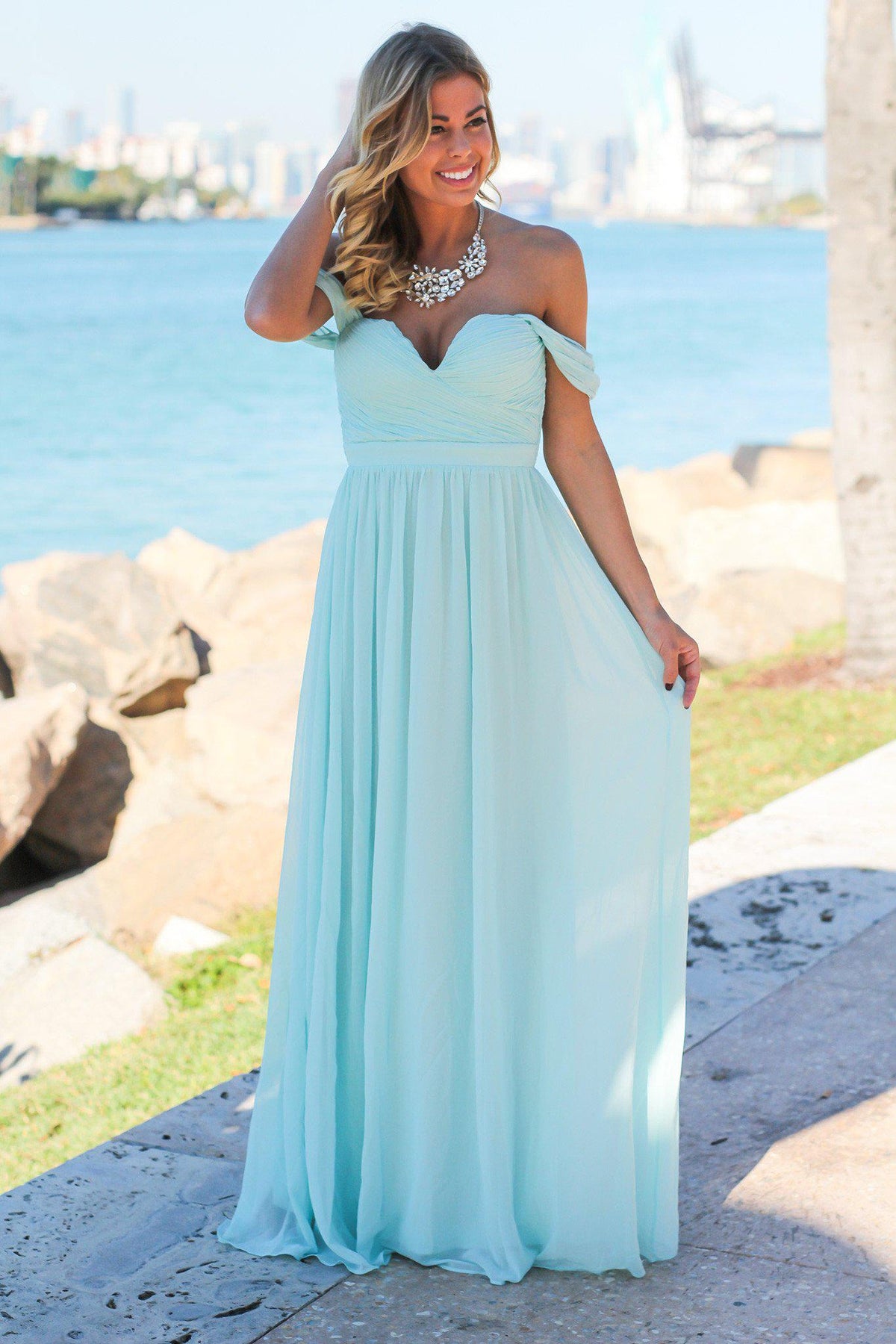Mint Off Shoulder Maxi Dress with Pleated Top | Maxi Dresses – Saved by ...