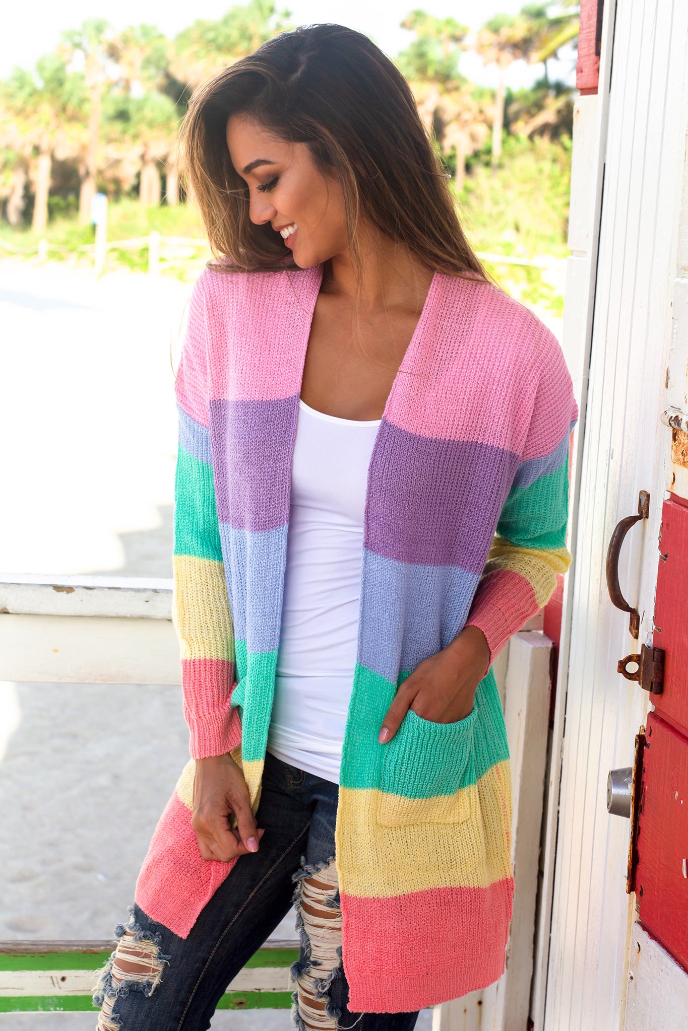 Multi Colored Open Cardigan  with Pockets Cardigan  