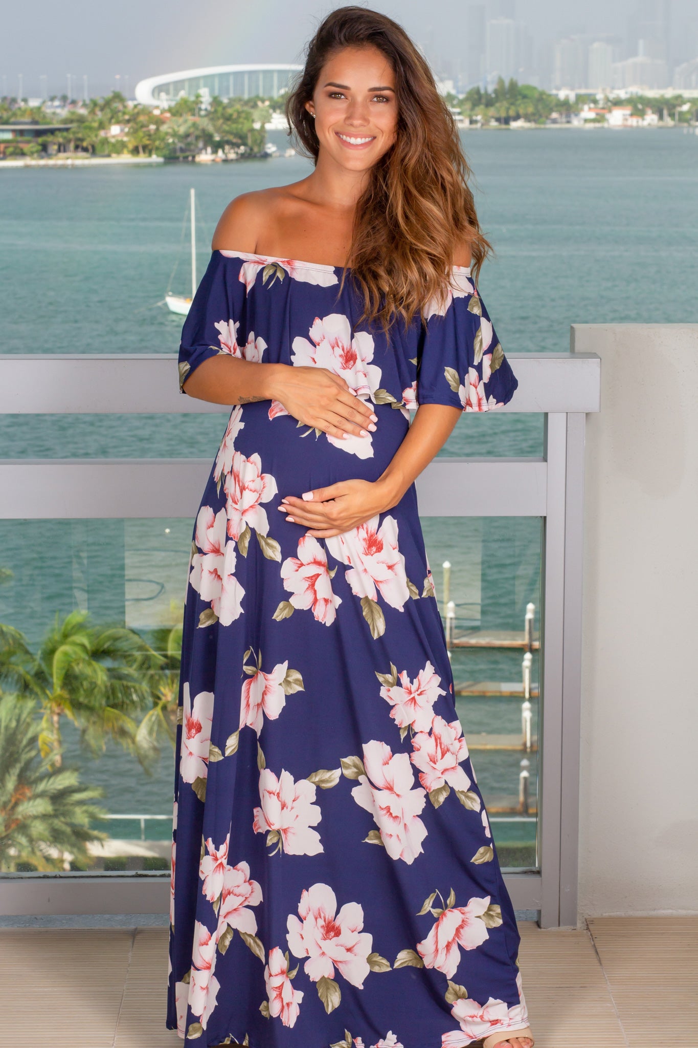 Navy Off Shoulder Floral Maternity Maxi Dress | Saved By The Dress ...