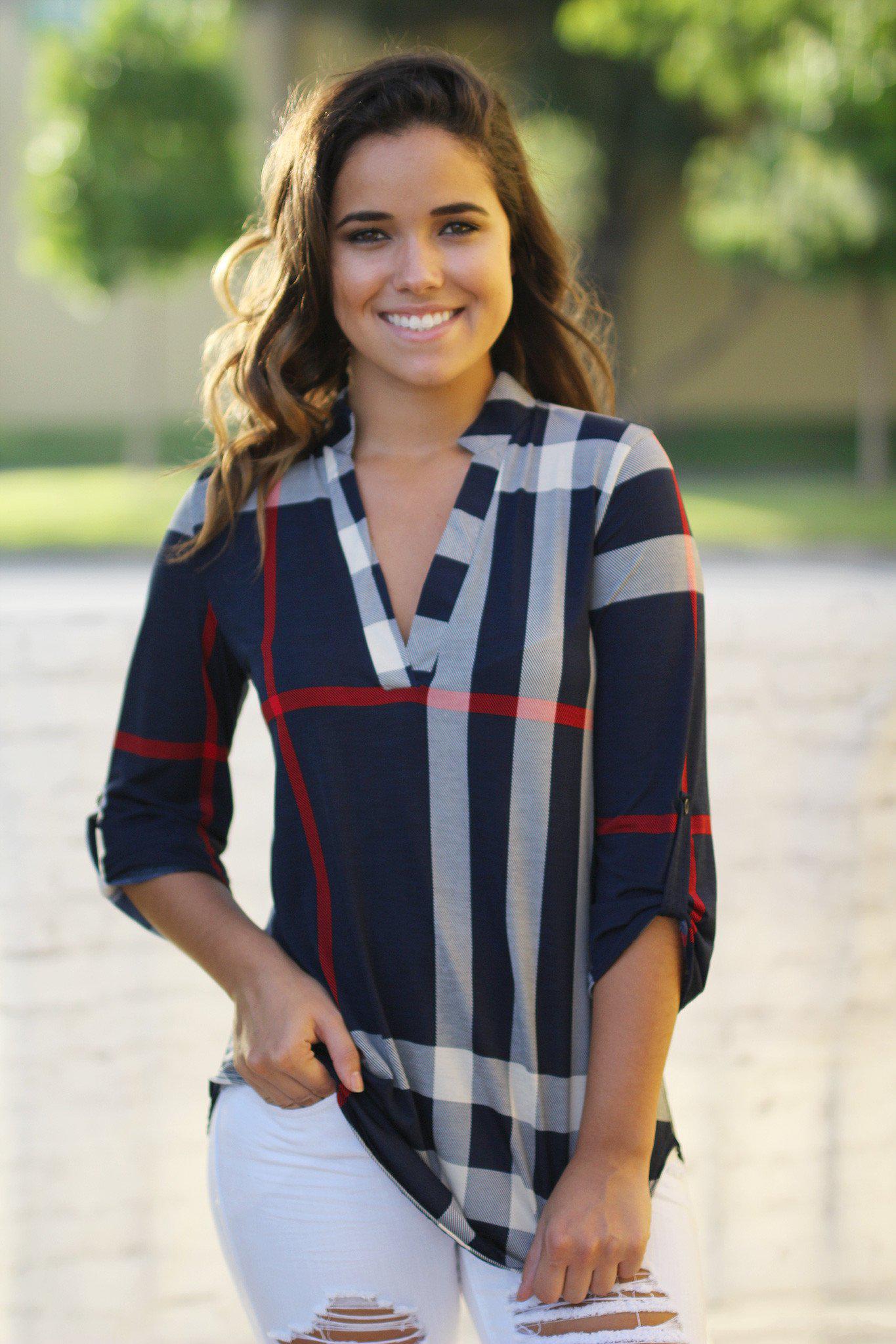 Navy Check Print 3/4 Sleeve Top | Navy Top | Check Print Top | Cute Top ...