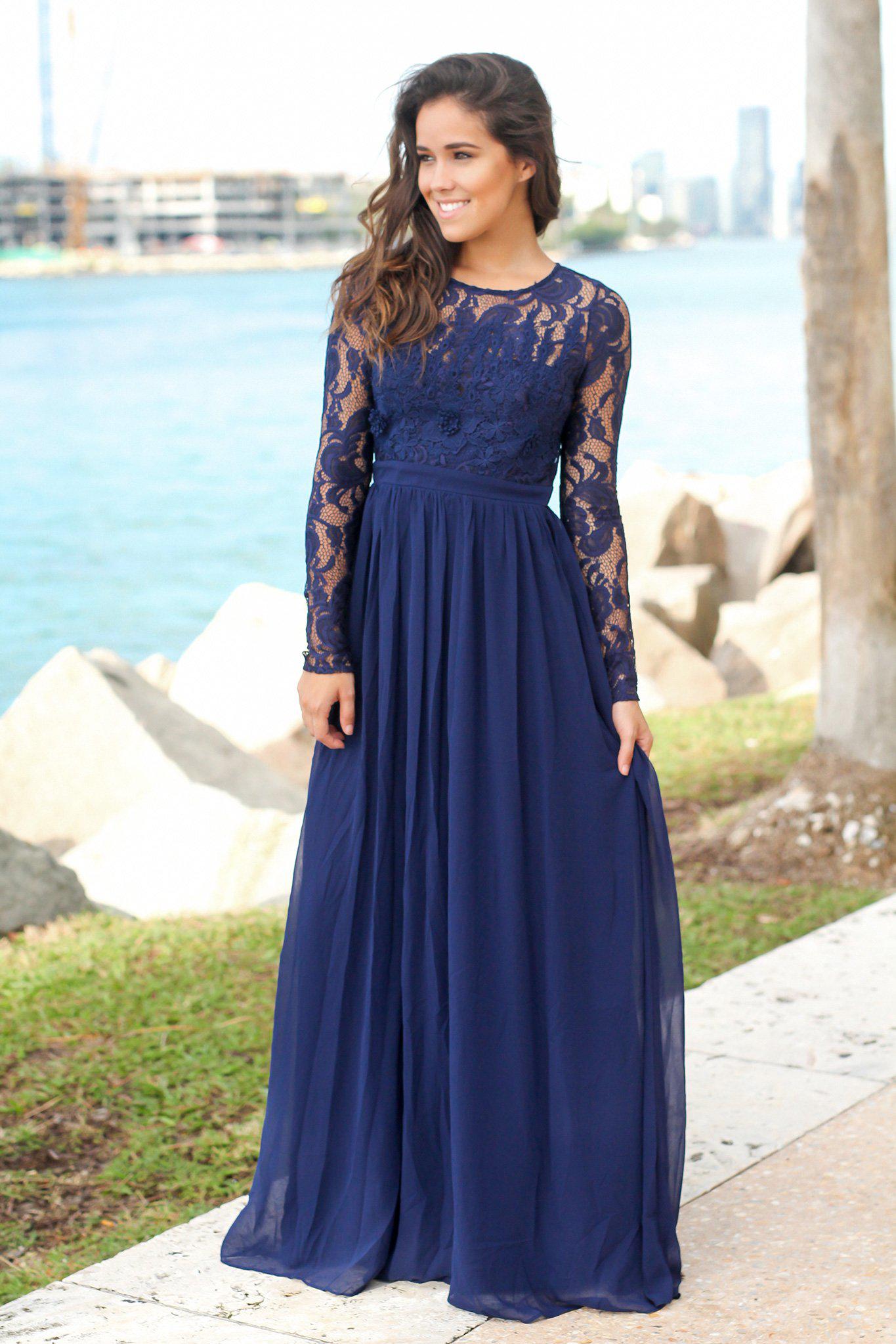 long blue maxi dress with sleeves