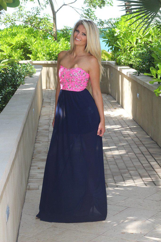 Navy Maxi Dress With Neon Pink Floral Top – Saved by the Dress