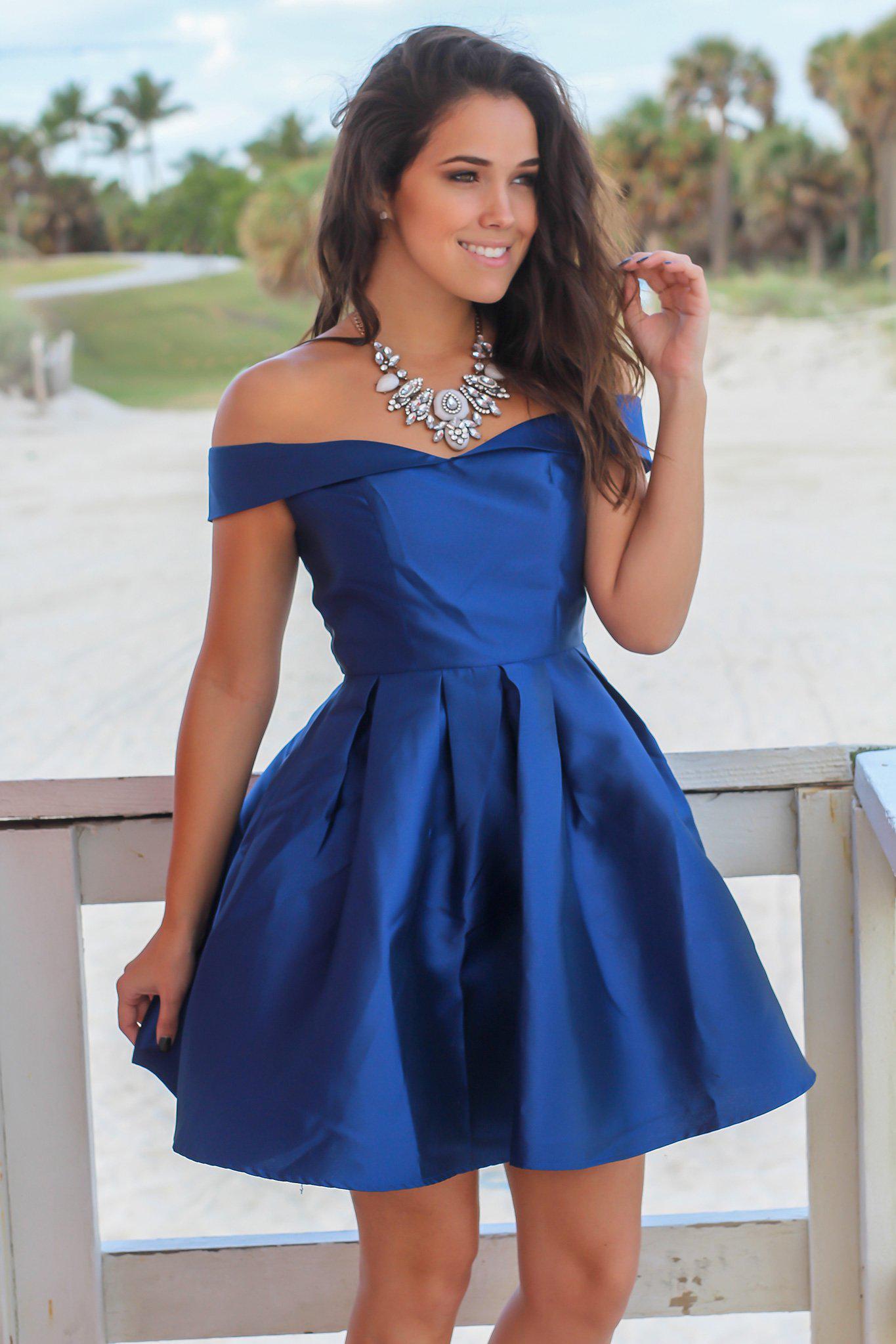 navy off the shoulder dress