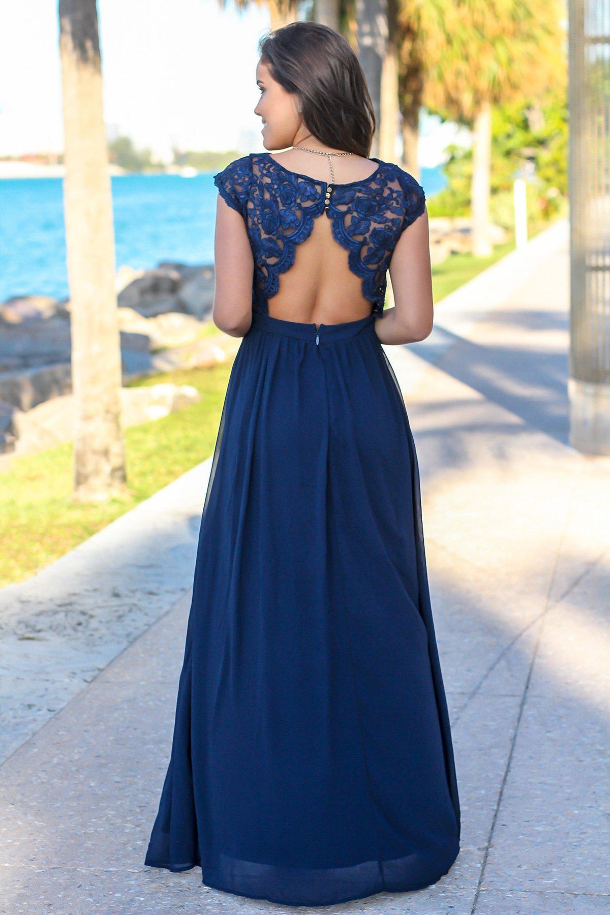 Navy Lace Top Maxi Dress With Open Back And Side Slit Maxi Dresses Saved By The Dress 5747