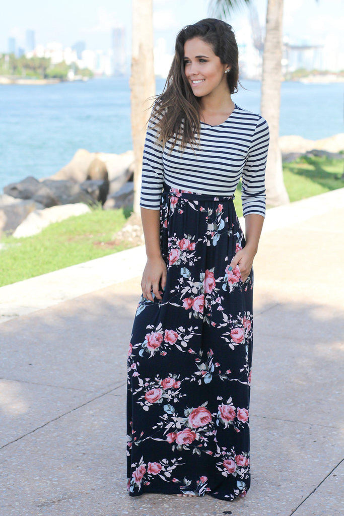 Navy Floral Striped Maxi Dress with Tie Waist | Maxi Dresses – Saved by ...