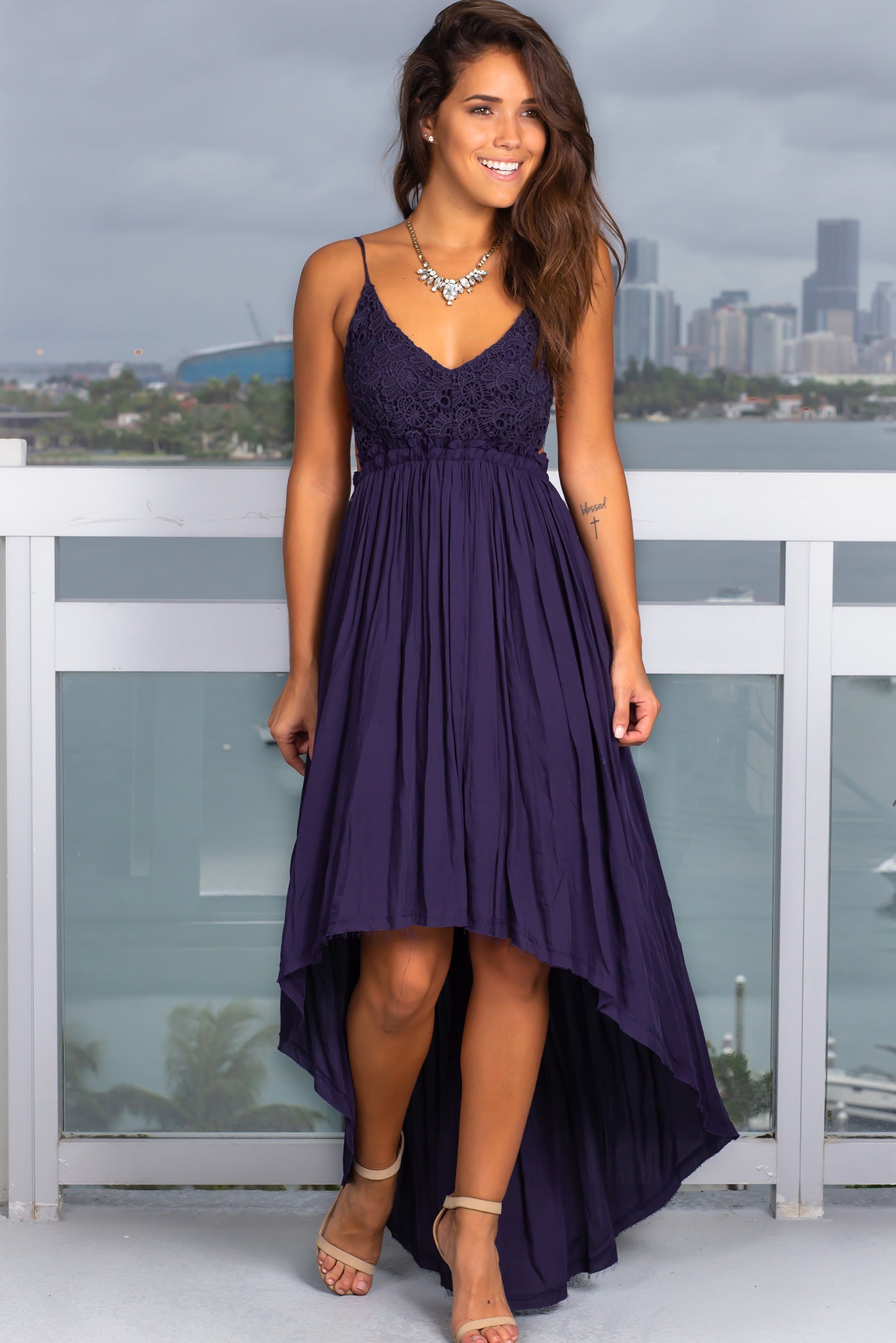 navy high low gown