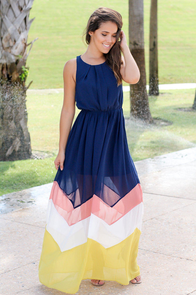 Navy and Yellow Chevron Maxi Dress | Maxi Dresses – Saved by the Dress