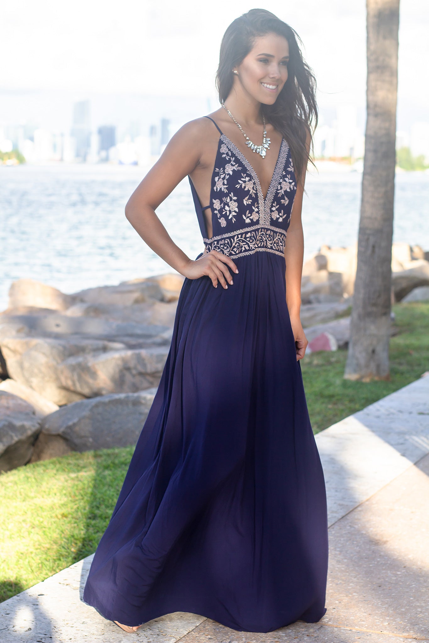 navy embroidered maxi dress