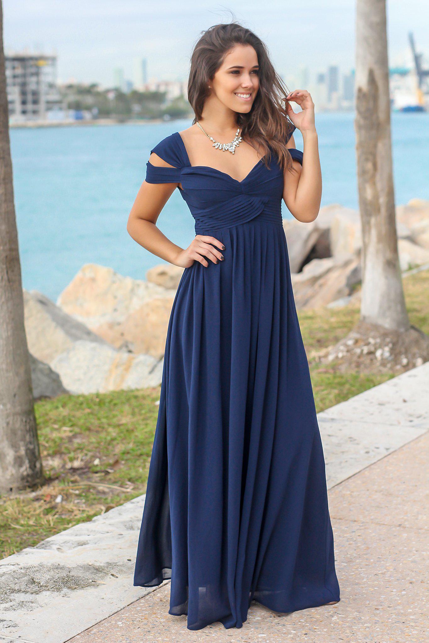 navy off the shoulder bridesmaid dress