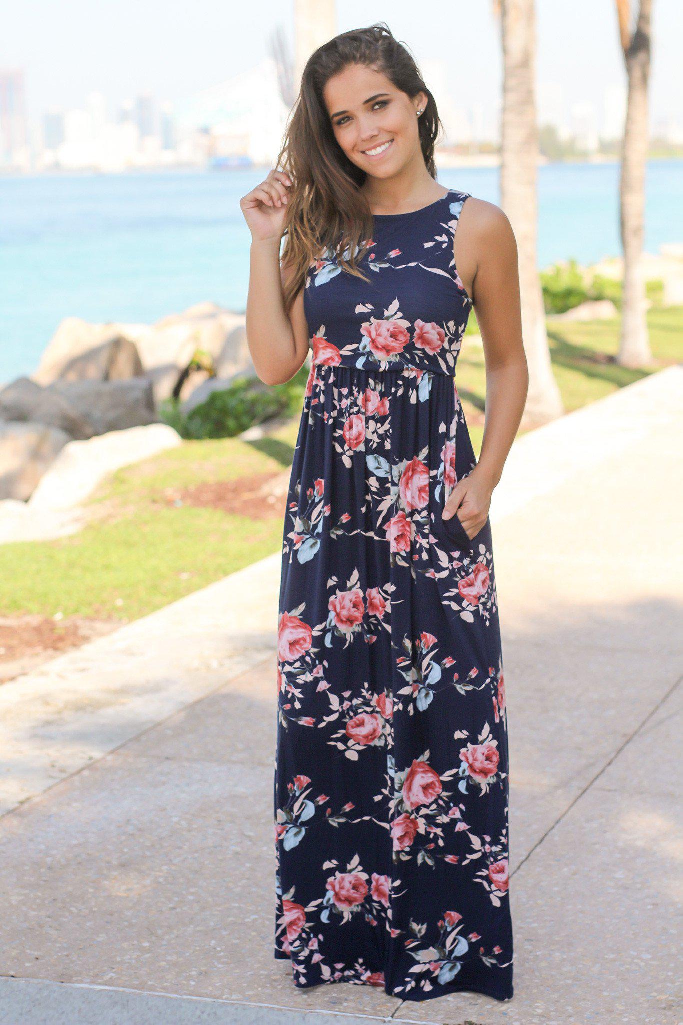 Navy Sleeveless Floral Maxi Dress | Maxi Dresses – Saved by the Dress