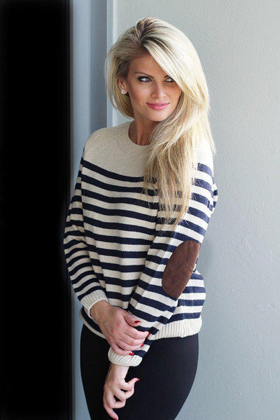 Navy Striped Sweater With Elbow Patches