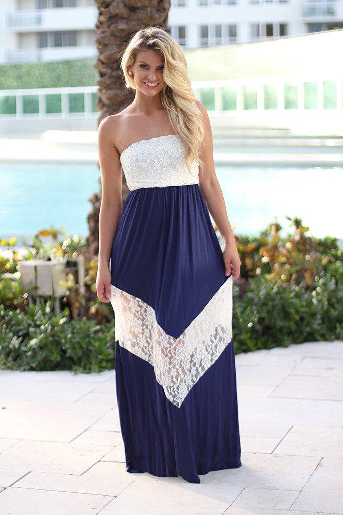 Navy and White Chevron Maxi Dress with Lace – Saved by the Dress