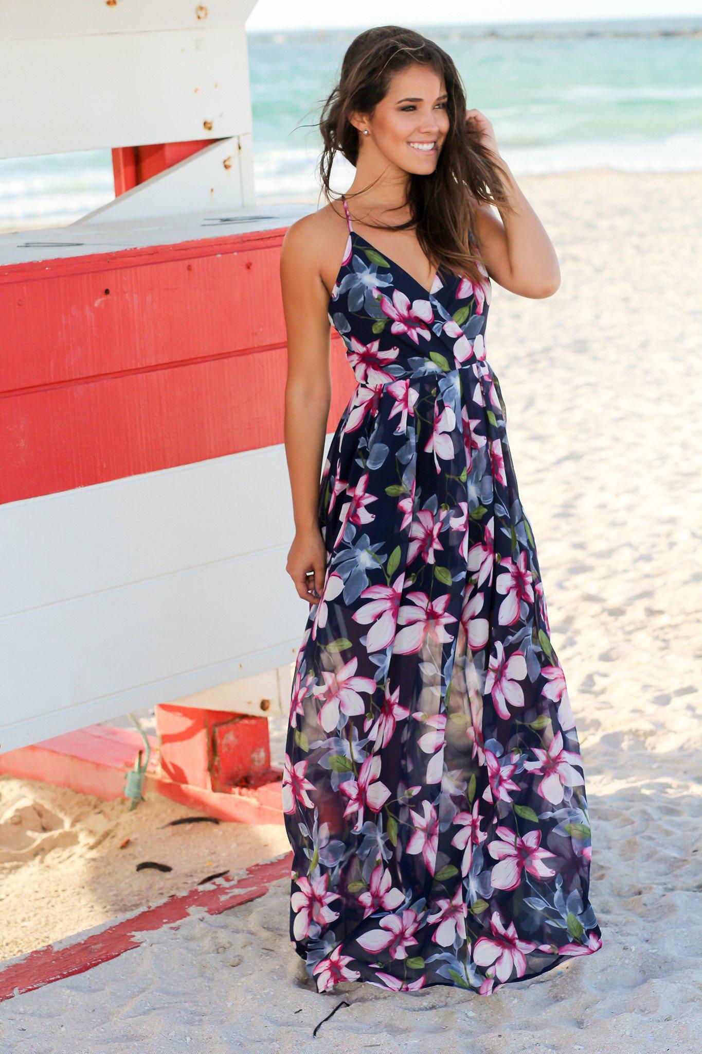 Navy and Purple Floral Maxi Dress with Criss Cross Back | Maxi Dresses ...