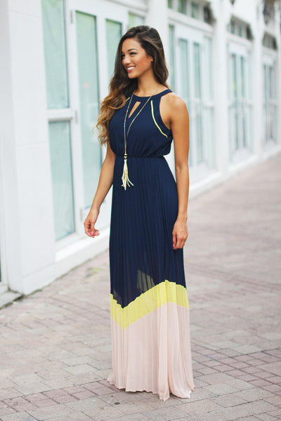 Navy Color Block Pleated Maxi Dress | Color Block Dress – Saved by the ...