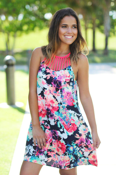 Neon Floral Short Dress with Strappy Neck | Short Dresses – Saved by ...
