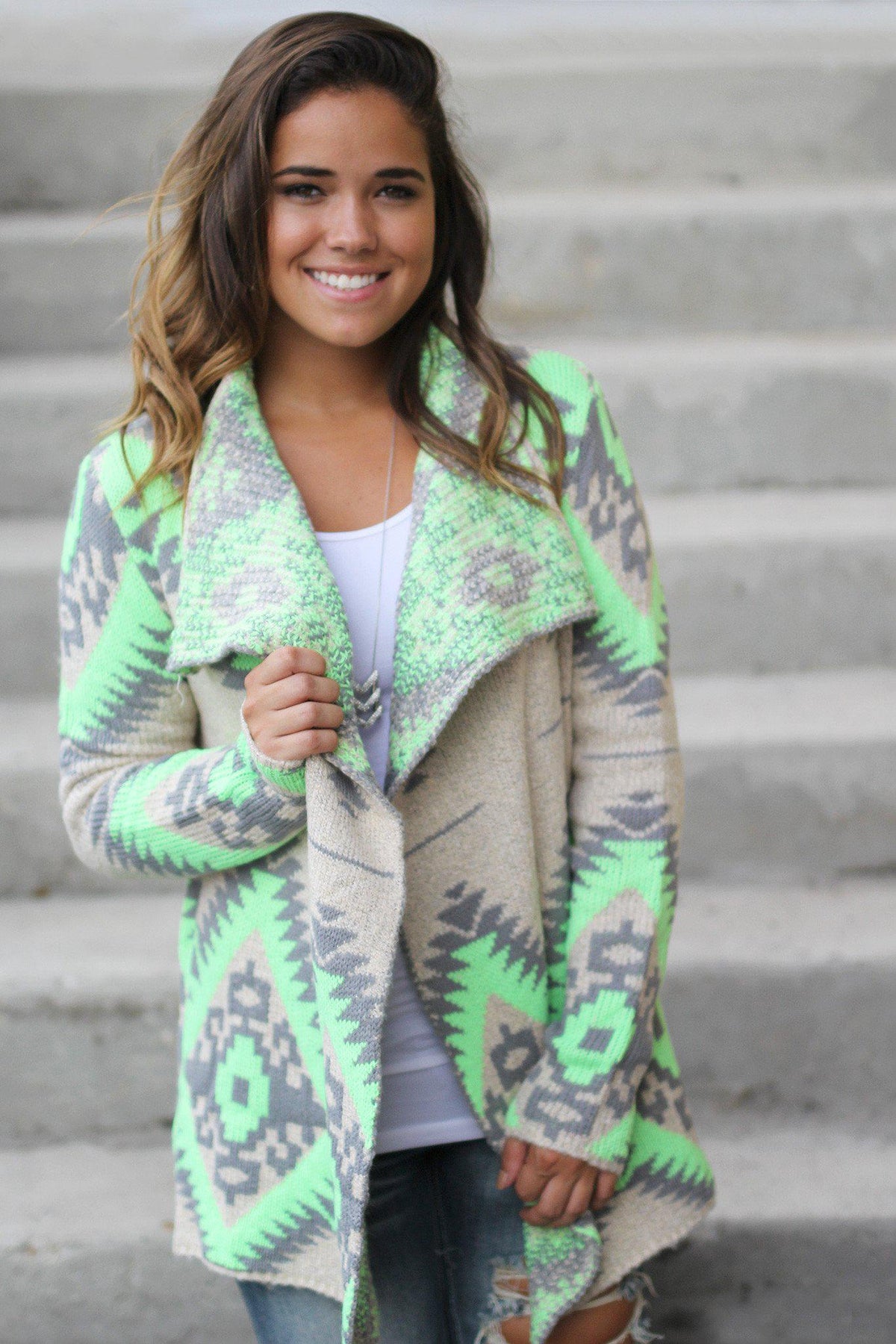 Neon Green and Gray Aztec Cardigan | Aztec Printed Cardigan – Saved by ...